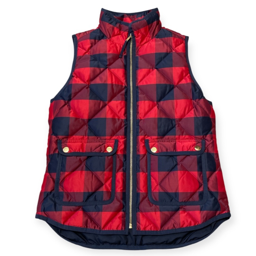 NWT Women's J. Crew Quilted Down Puffer Vest Red Blue Buffalo Check Plaid PXS